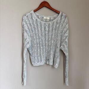 Natural Life Linen Open Knit Sweater Ribbed Metallic Blue Gray Coastal Grandma